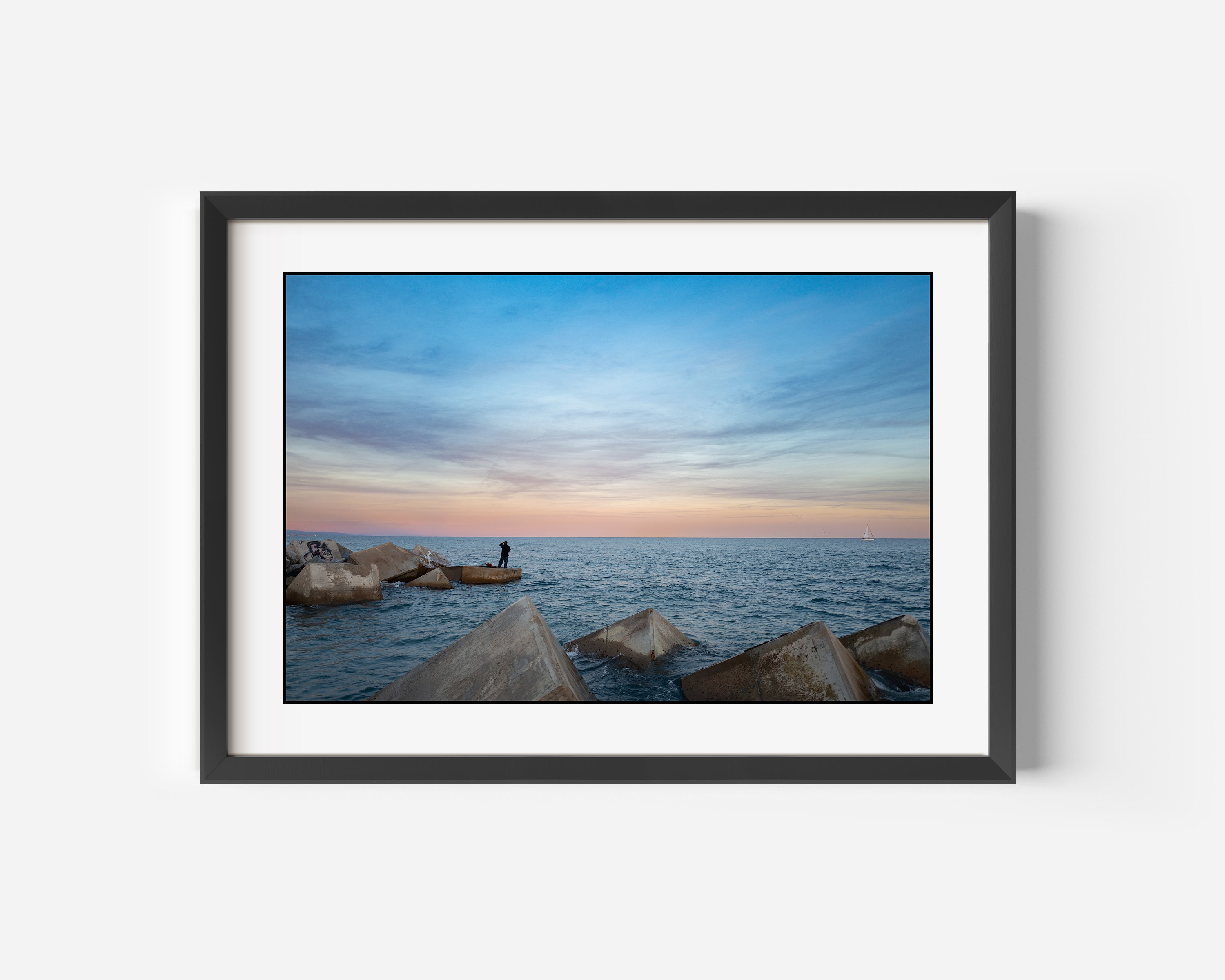 Barcelona Fine Art Black and White Photography Print - A Fisherman at Sunset in the Gulf of Valencia, Spain
