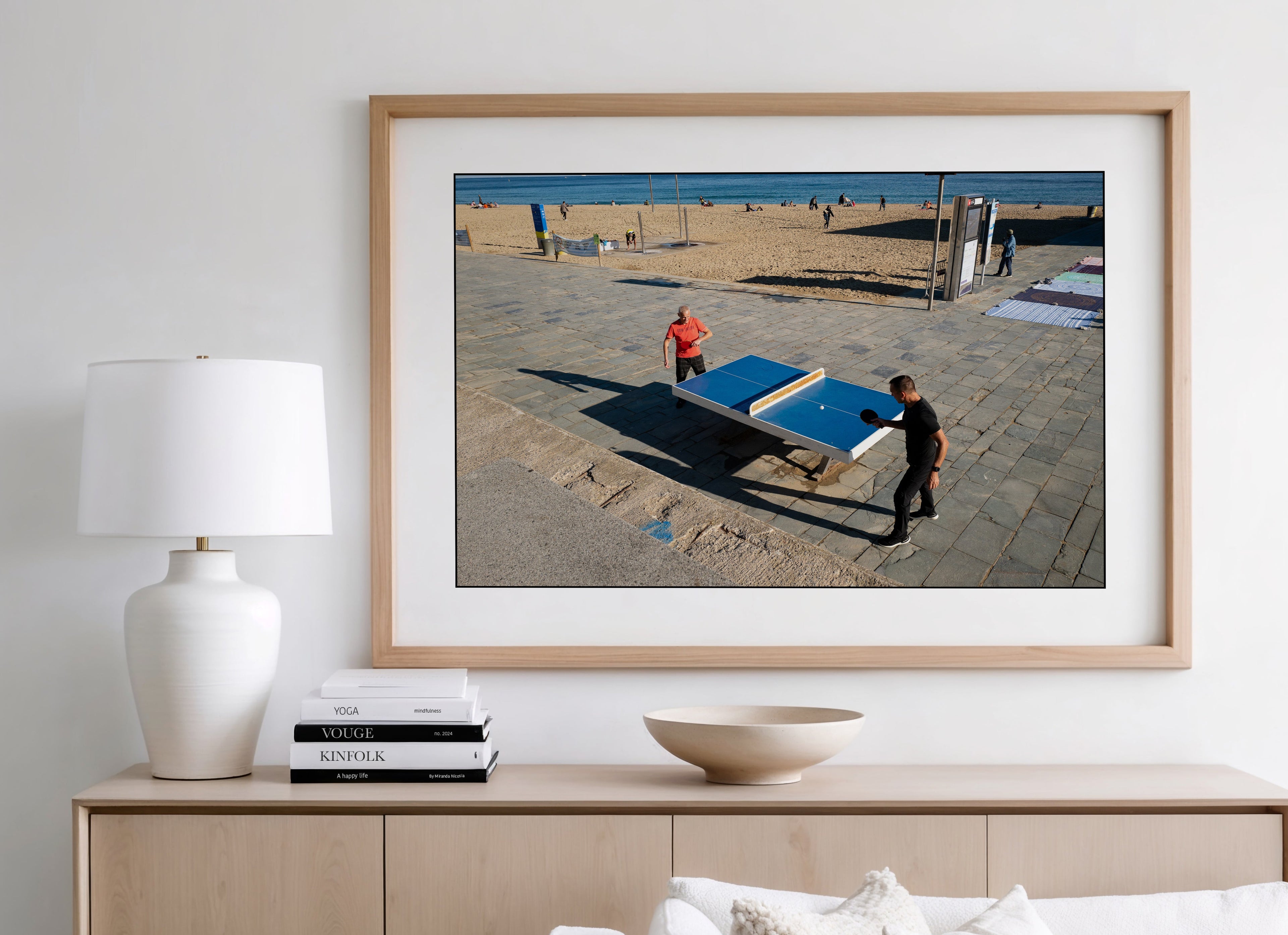 Framed Fine Art hotography of two men playing ping pong on the Beach in Barcelona, Spain
