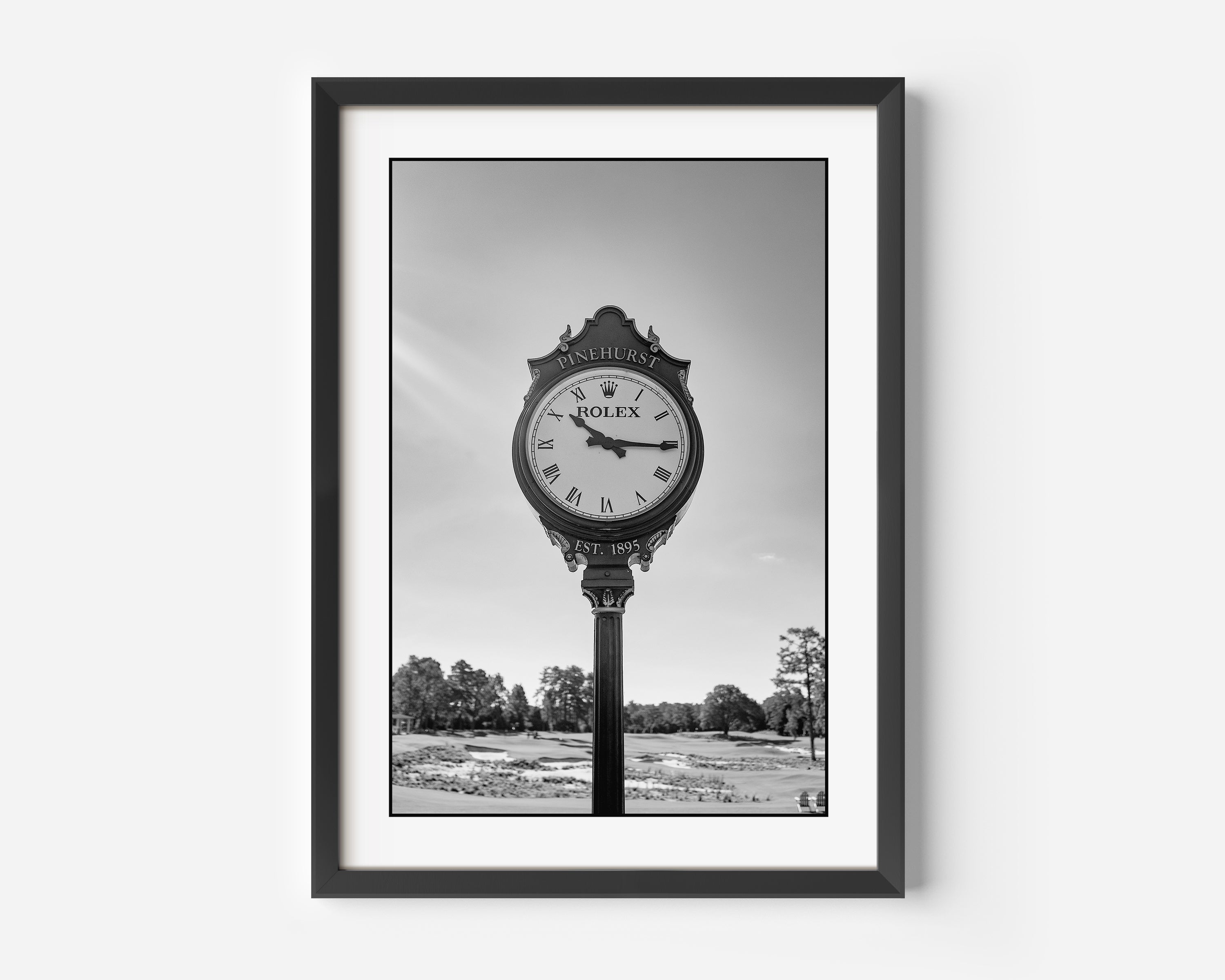 Pinehurst Resort & Country Club Fine Art Black and White Photography Print. The Rolex Clock at Pinehurst No 2 in Pinehurst, North Carolina.